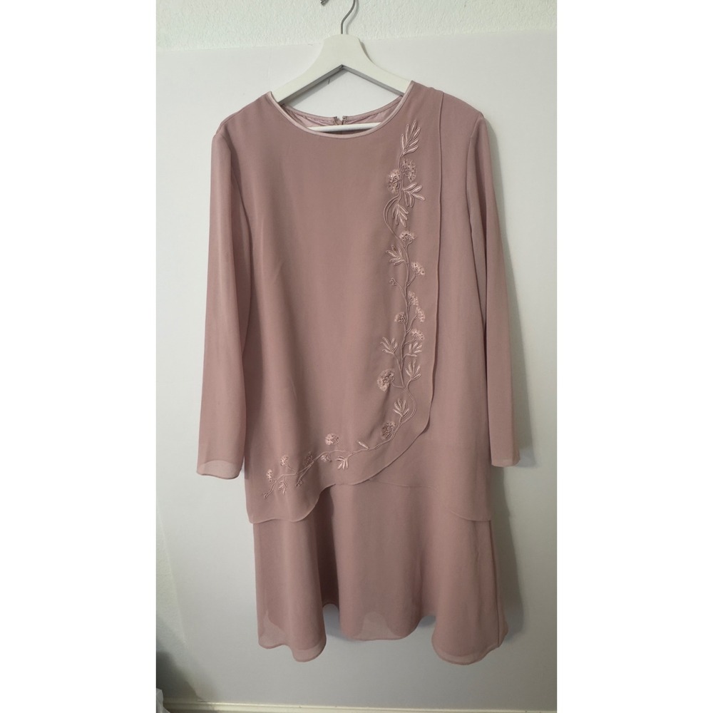 Studio I Layered Shift Dress 14 Mauve Pink‎ Floral Beaded Tiered Wedding Guest